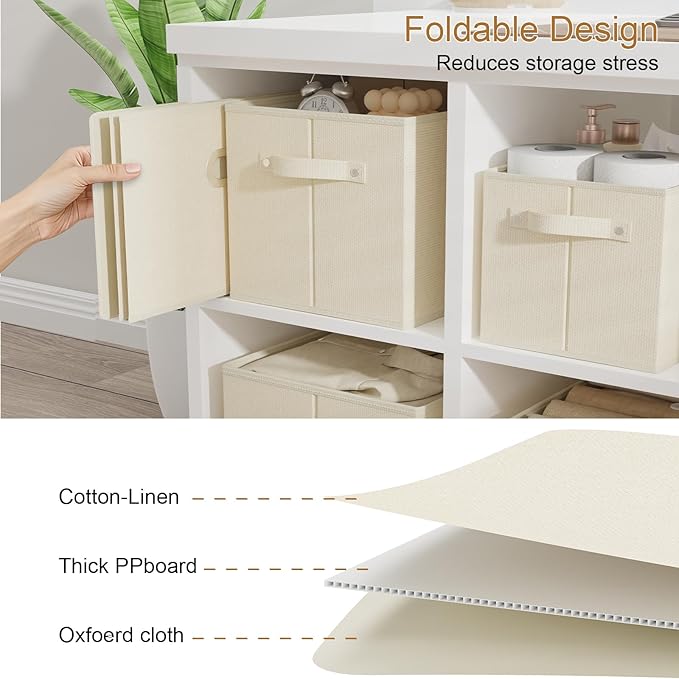 Foldable Cloth Basket with 4 Handles, Decorative Open Storage Boxes, Stackable Cube Organization, Fabric Bins for Shelves, Closet, Living Room, 13x9.1x7.9in, Beige, 4 Pack
