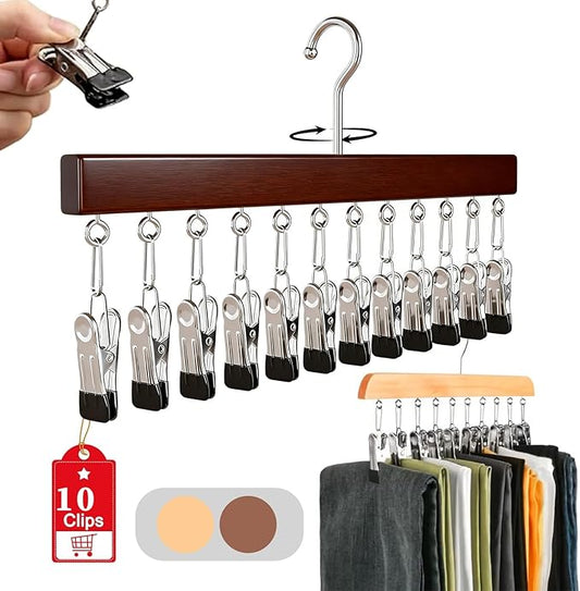 Closet Organizer with 10 Clips - Space Saving Hanging Closet Organizer, 2026 Upgraded Legging Hangers for Closet, 360° Rotating Metal Clips with Silicone Lining for Clothes (New-Vintage, 1PC)