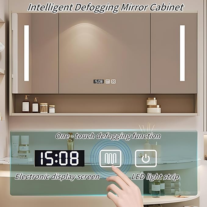 56IN Floating Bathroom Vanity, Wall Mounted Wood Sink Cabinet with Smart Sensor LED Light Strip & Open Style Side Cabinet | LED Lights & Defogging Function, Single Sink Vanities Set (Black)