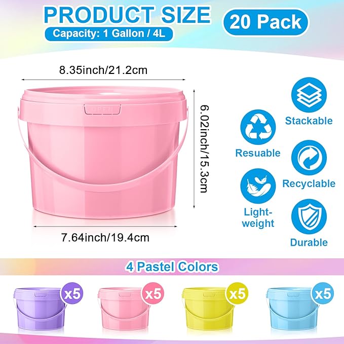 20 Pack 1 Gallon Plastic Bucket with Lids and Handles Food Grade Ice Cream Buckets with Lid Reusable Colorful Multipurpose Food Storage Containers Freeze Safe Ice Cream Tubs for Kitchen