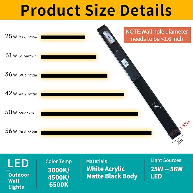 Mikeru 47.2in Outdoor Wall Light Fixtures, 3000k Exterior Wall Sconces, Acrylic Invisible Lighting for Porch, Balcony, Patio & Garage