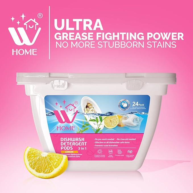 Natural Solution Dishwasher Pods, Formulated with Lemon Extracts, Effective on All Dishwashers, Prevent Scale Formation & Stubborn Stain, Dishwasher Detergent, 24 Pods