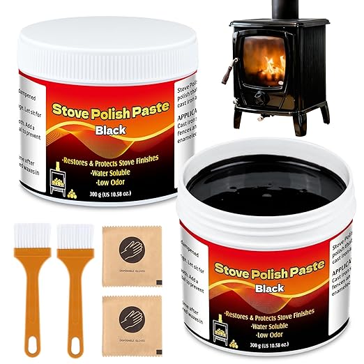 6 Pcs Stove Polish Set Includes 2 Pcs 10.58 oz Black Stove Polish Paste, 2 Brush, 2 Disposable Gloves for Cast Iron Stoves Grills Ornamental Ironwork Fence Sand Barbecues