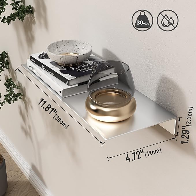 Danpoo Adhesive Floating Shelves for Wall Storage, Metal Wall Shelves for Living Room, Bathroom, Kitchen, 12” Small Display Shelves for Collectibles(Silver, 2 PCS)