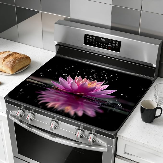 Glass Stove Top Covers for Electric Stove, Heat Resistant Counter Protector Mat, Non Slip Waterproof Surface Cover for Kitchen Counter and Cooktop (Pink water lilies, 28"L x 20"W)
