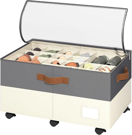 Shoe Organizer for Closet, Shoe Storage Organizer with Wheels and Adjustable Dividers, Stackable Shoe Storage Box with Clear Cover, Closet Shoe Organizer Fits up to 24-48 Pairs, Gray and Beige