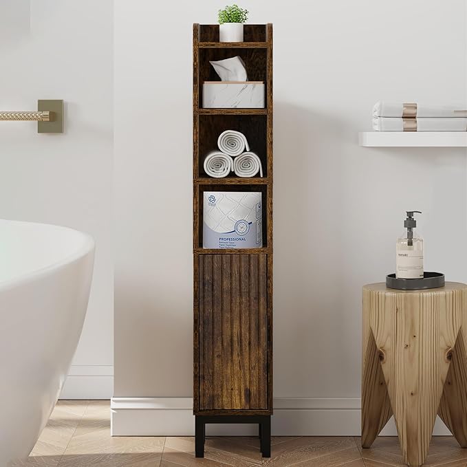 Narrow Bathroom Storage Cabinet, Corner Toilet Paper Floor Cabinet 5 Tiers with Door and Shelves,Bathroom Organizer with Adjustable Shelf, for Small Spaces(Rustic Brown)