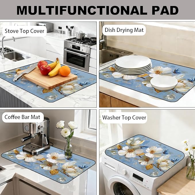 Glass Stove Top Covers for Electric Stove, Heat Resistant Counter Protector Mat, Non Slip Waterproof Surface Cover for Kitchen Counter and Cooktop (Blue Floral Butterflies, 28"L x 20"W)