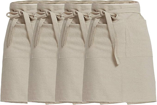 Cityelf Linen Server Apron Cotton Bistro Half Apron with Large Pockets Waist Kitchen Apron for Cooking Waitress