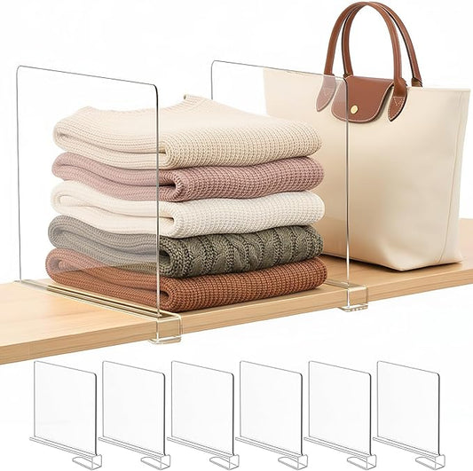 Shelf Dividers Purse Organizer for Closet: 11-inch Tall(Higher Version) Acrylic Sweater Organizer - Upgraded Extra Height for Large Handbags, Totes, Clothes, Towels on Wood Shelves 6-Pack