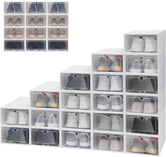 20-Pack Stackable Clear Shoe Storage Boxes, Foldable Shoe Organizer with Flip Doors & Heart Handles, Space-Saving Shoe Box Storage for Closet, Easy Access, Fits Up to US Size 10/9