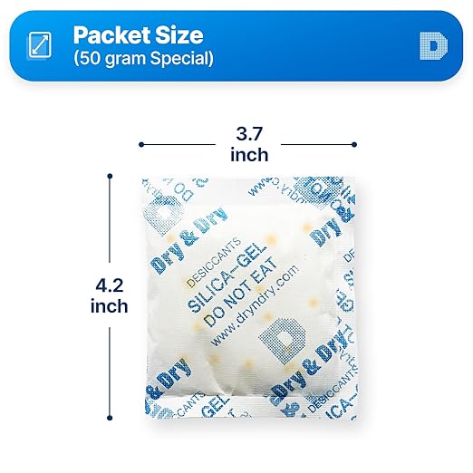 Dry & Dry Orange Indicating Silica Gel Packets Desiccants - Food Safe Silica Gel, Desiccant Packs for Food Storage - 6 Packets (50 Gram)