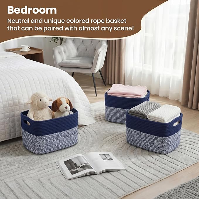 Storage Baskets for Organizing, 14 x 10 x 9” Closet Shelf Woven Baskets, Square Bins with Handles, Cotton Rope Basket for Toys, Clothes, Office, Room, Grey+Blue 1 Pack