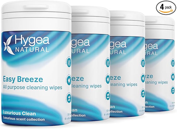 Hygea Natural EasyBreeze All Purpose Cleaning Wipes - Biodegradable Bamboo Wipes for Multi-surface Cleaning - Environmentally Friendly Formula - Luxurious Clean Scented (4 Packs of 50 Wipes Each)