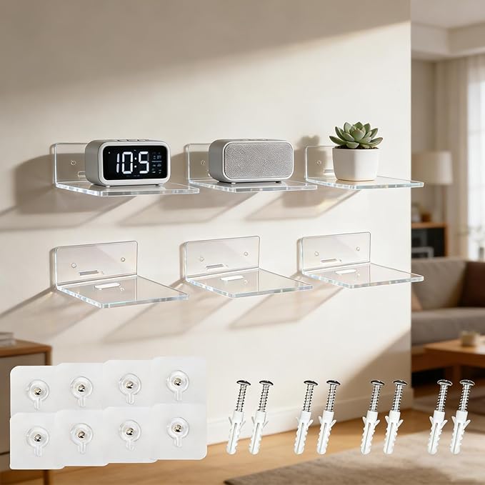 6 Pack Acrylic Mini Wall Mount Floating Shelves, Clear Small Flexible Shelf for Wall Security Camera Shelf for Bedroom, Bathroom, Living Room, Office with 2 Types of Installation