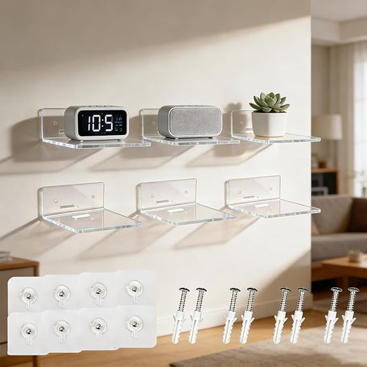 6 Pack Acrylic Mini Wall Mount Floating Shelves, Clear Small Flexible Shelf for Wall Security Camera Shelf for Bedroom, Bathroom, Living Room, Office with 2 Types of Installation