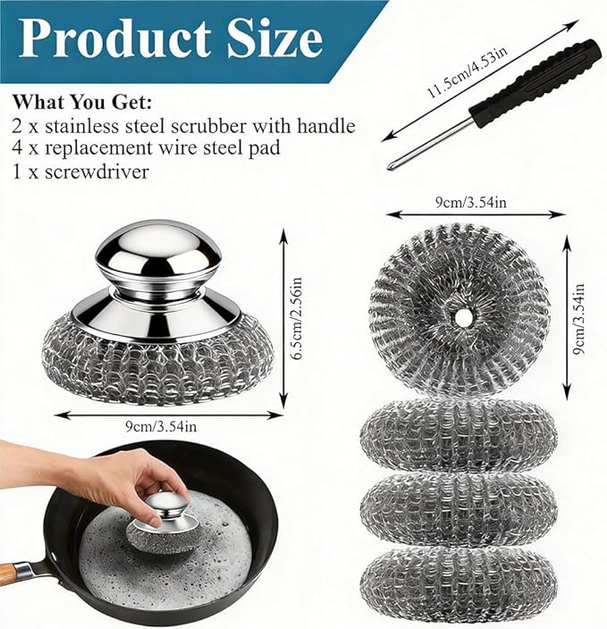 7Pcs Steel Wool Scrubber with Handle - Stainless Steel Scrub Brush Set for Scouring Stubborn Messes from Cast Iron, Pots, Pans, Grill, Stoves, Sink (2 Scrubber + 4 Pads + 1 Screwdriver)
