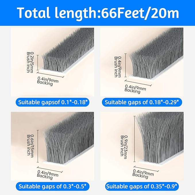 Brush Weather Stripping,Seal-Effective Weather Stripping for Doors & Windows,Insulation Strip for Gap Filling,Draft Stopper for Exterior Doors,Window Seal,and Conditioner,66ft x 0.4inch,Grey