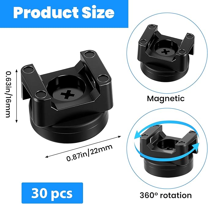 30 Pack Magnetic Zip Tie Mount Heavy Duty Magnetic Cable Zip Tie Base, Wire Holder Multipurpose Cable Ties Management Base Wire Clips Management for Home Office Marine Electrical Wiring (22 mm)