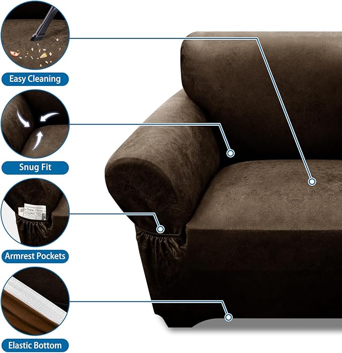 Loveseat Sofa Slipcover Leather Look Couch Covers for 2 Seater Couch Sofa 1-Piece Sofa Cover Stretch Furniture Protector with Elastic Bottom & Pockets(Loveseat, Coffee)