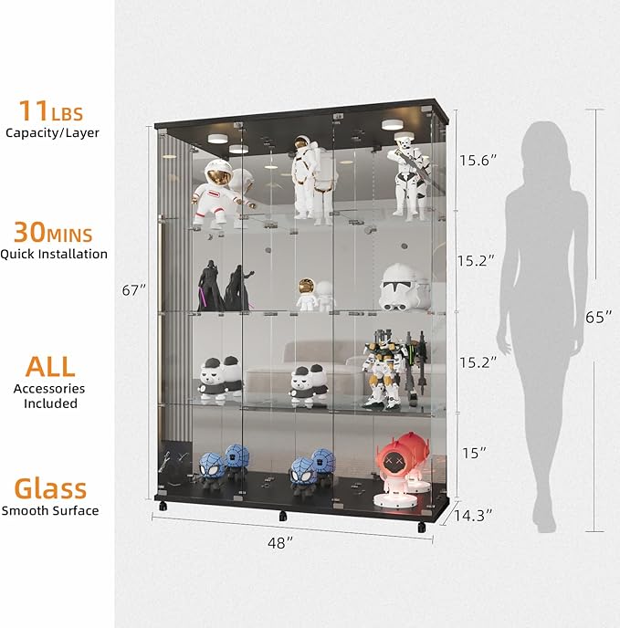 LFT HUIMEI2Y Glass Display Cabinet 12 Shelves with 3 Columns 2 Doors, Mirror Back Panel and Lock, Curio Cabinets Quick-Install Style Tempered Glass Bookshelf for Living Room, Kitchen Black
