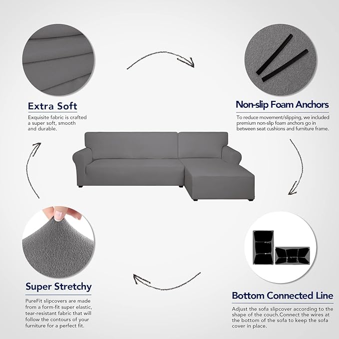 PureFit Super Stretch Sectional Couch Covers - 2 pcs Spandex Non Slip Sofa Covers with Elastic Bottom for L Shape Sectional Sofa Couch, Great for Kids & Pets (3 Seat Sofa + 2 Seat Chaise, Light Gray)