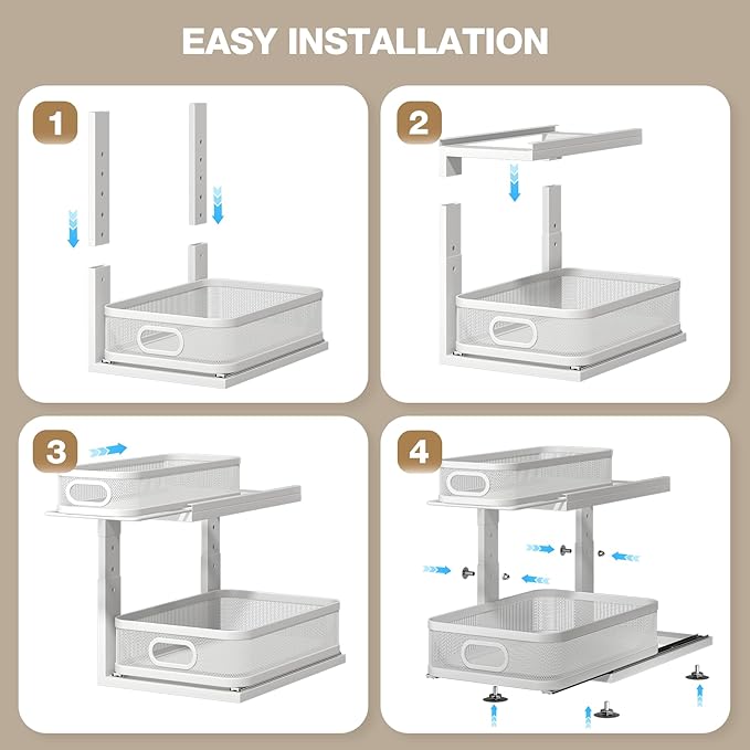 4 Pack Under Sink Organizer With Next-Gen Ball-Bearing Slides,2-Tier Precision Mesh Pull Out Cabinet Drawers Storage for Bathroom&Kitchen,Height Adjustable Shelf,Rust-resistant-White