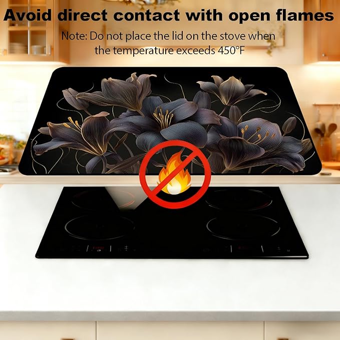 Glass Stove Top Covers for Electric Stove, Heat Resistant Counter Protector Mat, Non Slip Waterproof Surface Cover for Kitchen Counter and Cooktop (Dark Lilies, 28"L x 20"W)