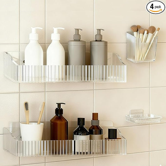 4 Pack Acrylic Shower Caddy Adhesive, Clear Shower Shelves No Drilling with Soap Holder & Toothbrush Holder, Bathroom Wall Shelf