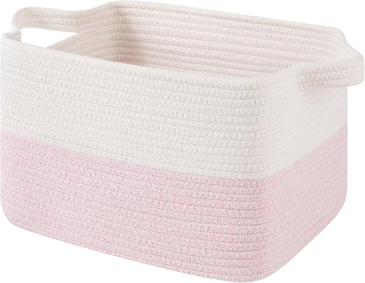 OIAHOMY Woven Storage Basket for Shelves, Rectangle Cotton Rope Baskets for Organizing, 13 x 10 x 9 in, Storage Bins for Dog Toys,Towel,Books,Gift,Pink and White