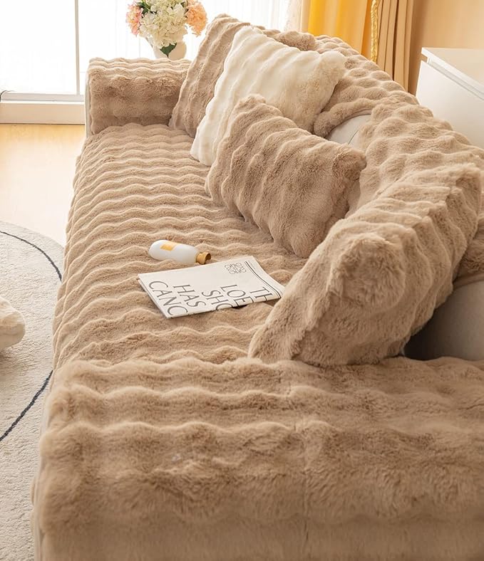 Soft Warm Faux Fur Couch Sofa Cover Thick Shaggy Fuzzy Sectional Couch Cover Non-Slip Solid Color Plush Sofa Slipcover Furniture Protector for Kids, Pets (Coffee,43"x43")