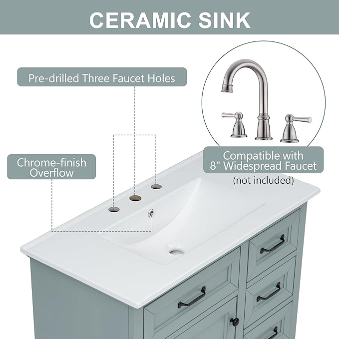 Christopher Knight Home 36" Bathroom Vanity with Ceramic Sink, Wooden Bathroom Vanity Organizer, Bathroom Storage Cabinet, Pedestal Sink Storage Cabinet, Adjustable Door Shelves+Drawer, Green Grey