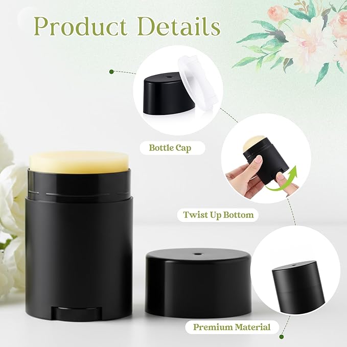 50 Pack Black Empty Deodorant Containers, 30ml/1oz, Bottom Filling, Refillable Deodorant Tubes Lipstick Balm Tubes Twisted, Plastic Oval for Homemade DIY Aromatherapy, Balm, Lotion