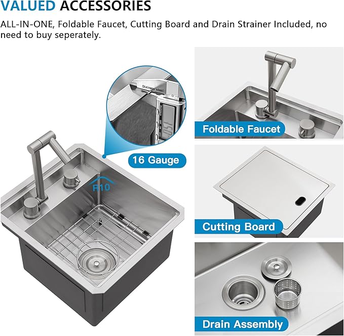 Small RV Kitchen Sink - Fulorni 13"x15" Outdoor RV Camper Mobile Bar Prep Sink Undermount 16 Gauge Stainless Steel Hidden Single Bowl Basin with Foldable Faucet