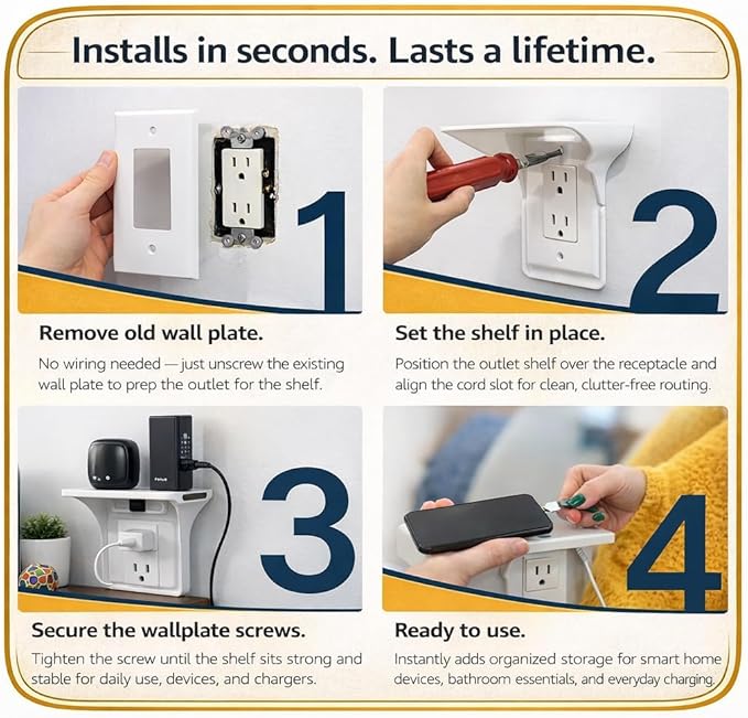 (3 Pack) Outlet Shelf – Wall Mount Organizer for Echo Dot, HomePod Mini, Alexa and Smart Home Devices – Bathroom Space Saver, Renter-Friendly for Kitchen, Bedroom, Office