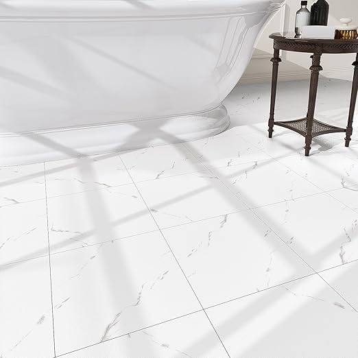 20 Pack Cover 20 Sq.Ft Peel and Stick Floor Tiles, 12” x 12” Self Adhesive Vinyl Flooring Easy DIY Installation for Kitchen, Living Room, Laundry, RV, Matte White Vein Marble
