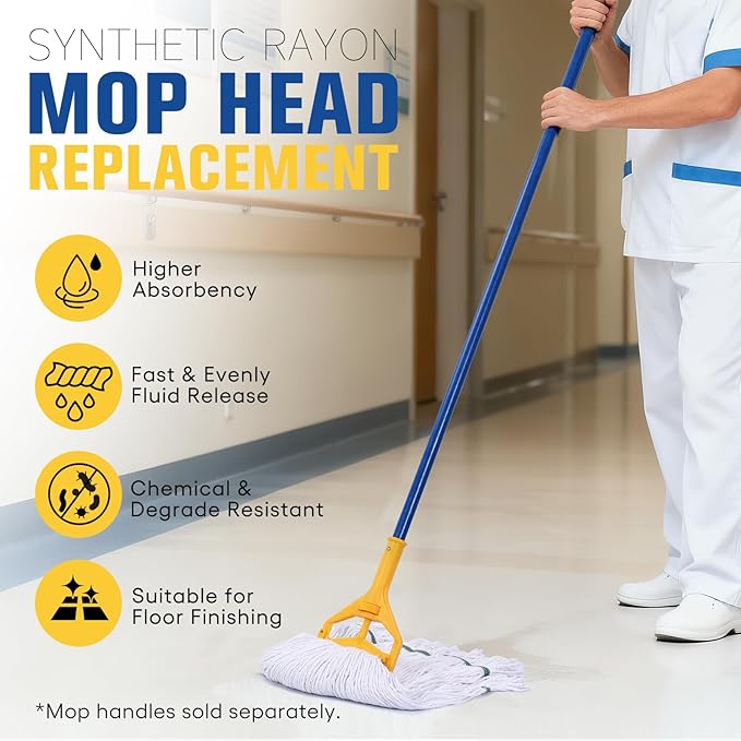 Matthew Cleaning Synthetic Rayon Mop Head Replacement, Chemical Resistant 4-Ply Looped End Commercial Mops for Floor Cleaning and Finishing, 16 oz Medium, 6 Pack