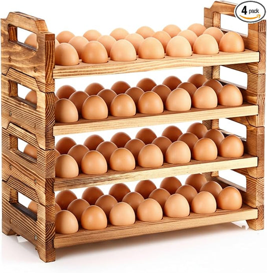 4 Tier Wooden Egg Holder for Countertop, Pine Stackable Fresh Egg Storage Farmhouse Collecting Rack for Gathering Kitchen Organizer Duck Eggs Display, Stackable with 72 Eggs(Brown)