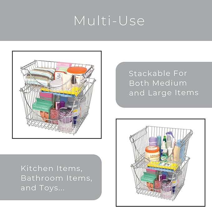 Smart Design Stacking Baskets with Handles - Set of 2 Large - Steel Metal Wire - Fruit Produce and Vegetable Safe Storage Bin Organizer - Pantry Counter Stand Rack - 12.5 x 8.5 Inch - Gunmetal