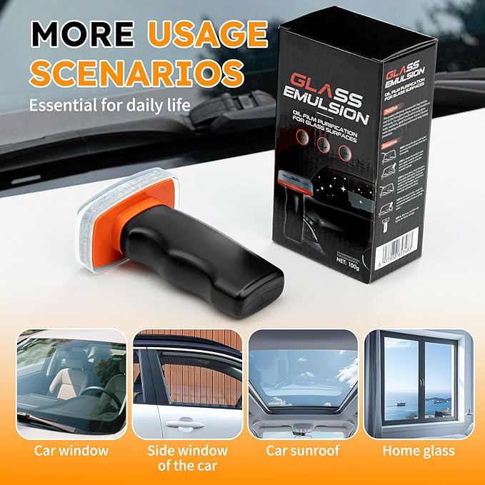 Glass Oil Film Remover for Car Windshield, Handheld Roll-On Glass Emulsion Cleaner with cleaning board, Removes Stubborn Oil Film & Grime for Improved Windshield Clarity for Safe Driving (3.38oz)