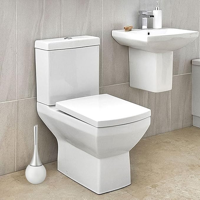 Toilet Brush Set, Stainless Steel Base Water Proof and ABS Plastic Handle Anti Impact, with Concealed Holder for Modern Bathroom Decor (White Base)