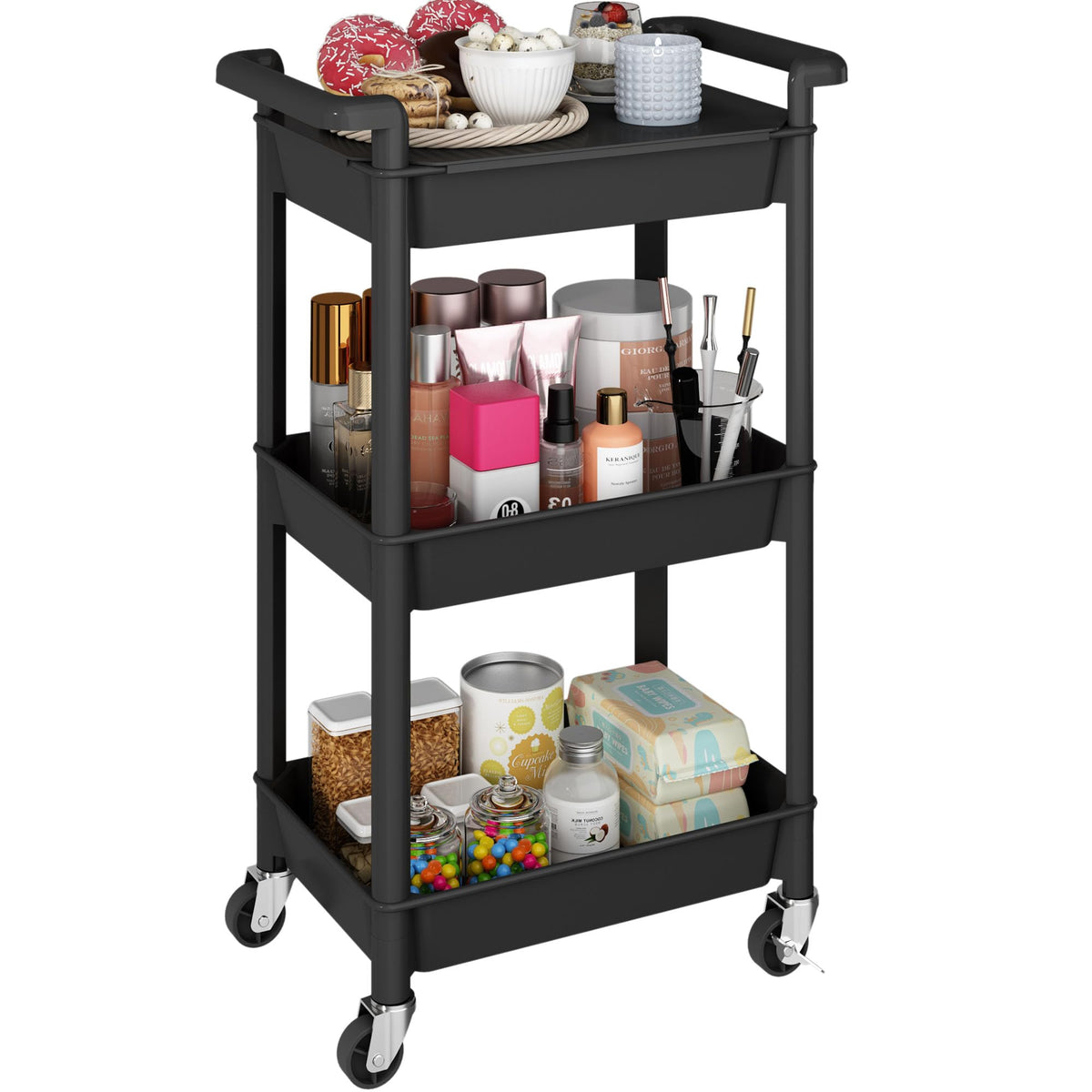 Steehoom 3-Tier Utility Rolling Cart with Cover Top Board, Mobile - Image 1