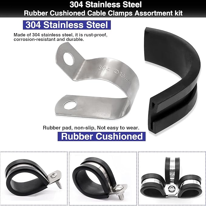 Taiss 270PCS Cable Clamps Assortment Kit,304 Stainless Steel Rubber Cushion Insulated Wire Pipe Clamps,10 Sizes 1/4" 5/16" 3/8" 1/2" 5/8" 3/4" 1" 1-1/4" 1-1/2" 1-3/4" Loop Clamps With screws