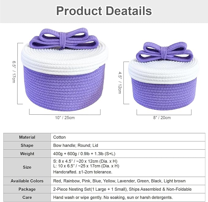 Cute Small Toy Box & Storage Baskets with Lids, Round Woven Rope Basket with Bunny & Bow Handle, Decorative Home Decor for Easter Gifts, Kids & Pets (Lavender)
