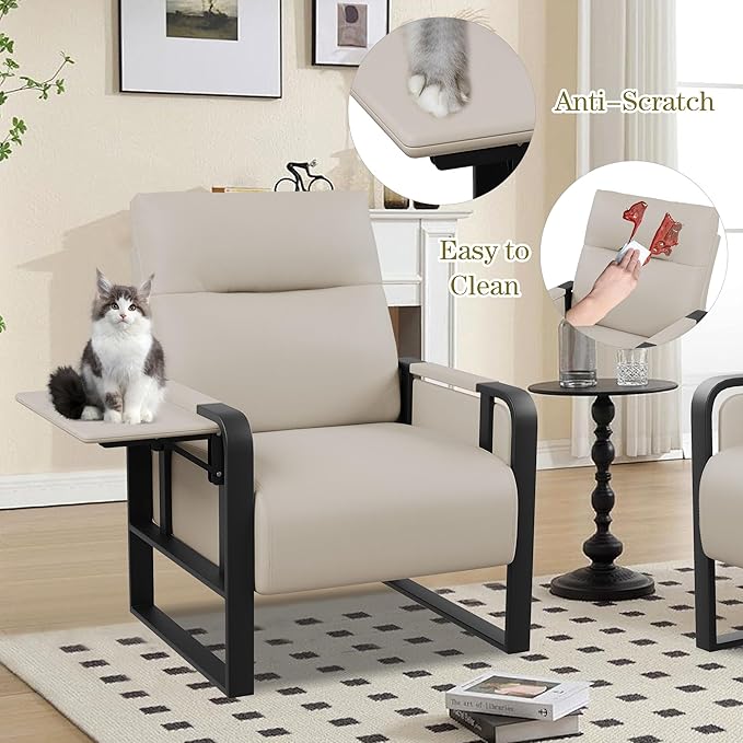 Modern Accent Chair PU Leather Upholstered Armchair with Tray Table for Bedroom Living Room Chairs Office Chair Beige