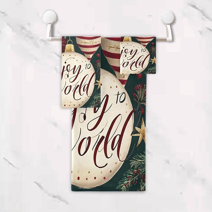 Pfrewn Christmas Winter Towels Set of 3 Holly Ball Ornament Joy Bathroom Towel Soft Absorbent Bath Hand Towels Washcloth Guest Towel Sets Xmas Holiday Decor