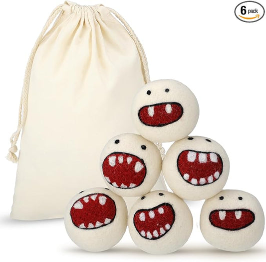 Soulchen 6 Pack Reusable Wool Dryer Balls with Cute Design, Laundry Accessories for Efficient Drying Soften Laundry Reduce Wrinkles Static Pet Hair Remover(Monster)