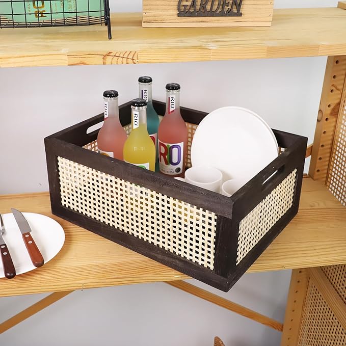 Bamboo Storage Basket, Wicker Storage Basket for Organizing, Wood Crate. (Brown-Large)