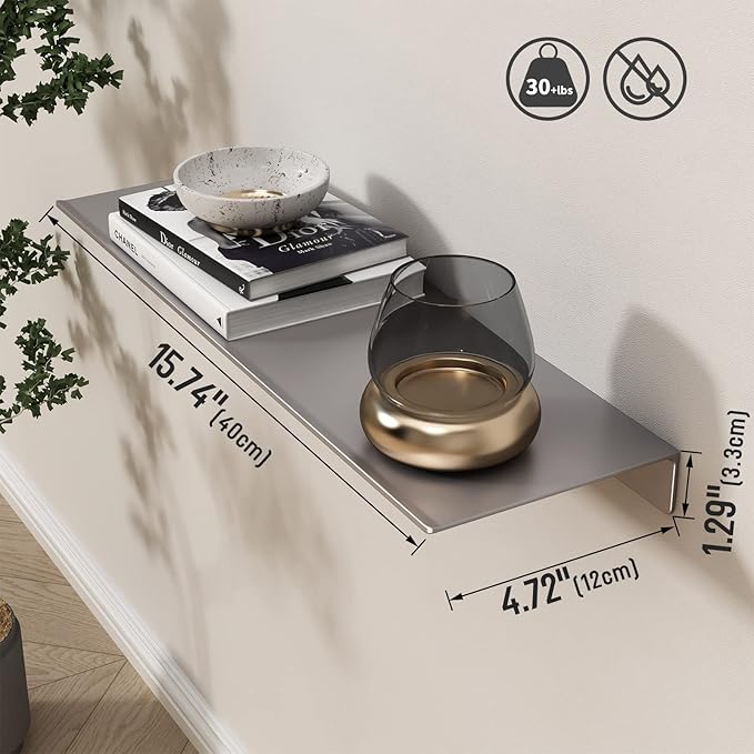Adhesive Floating Shelves — 16" Grey Metal, Set of 2