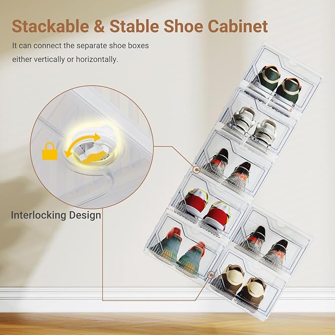XX-Large Shoe Sneaker Storage Boxes for Size 14, Stackable & Thicken Clear Plastic Shoe Organizers 1Pack for Entryway Closet Under Bed, Shoe Storage Cabinets Container Display Case w/ Magnetic Door